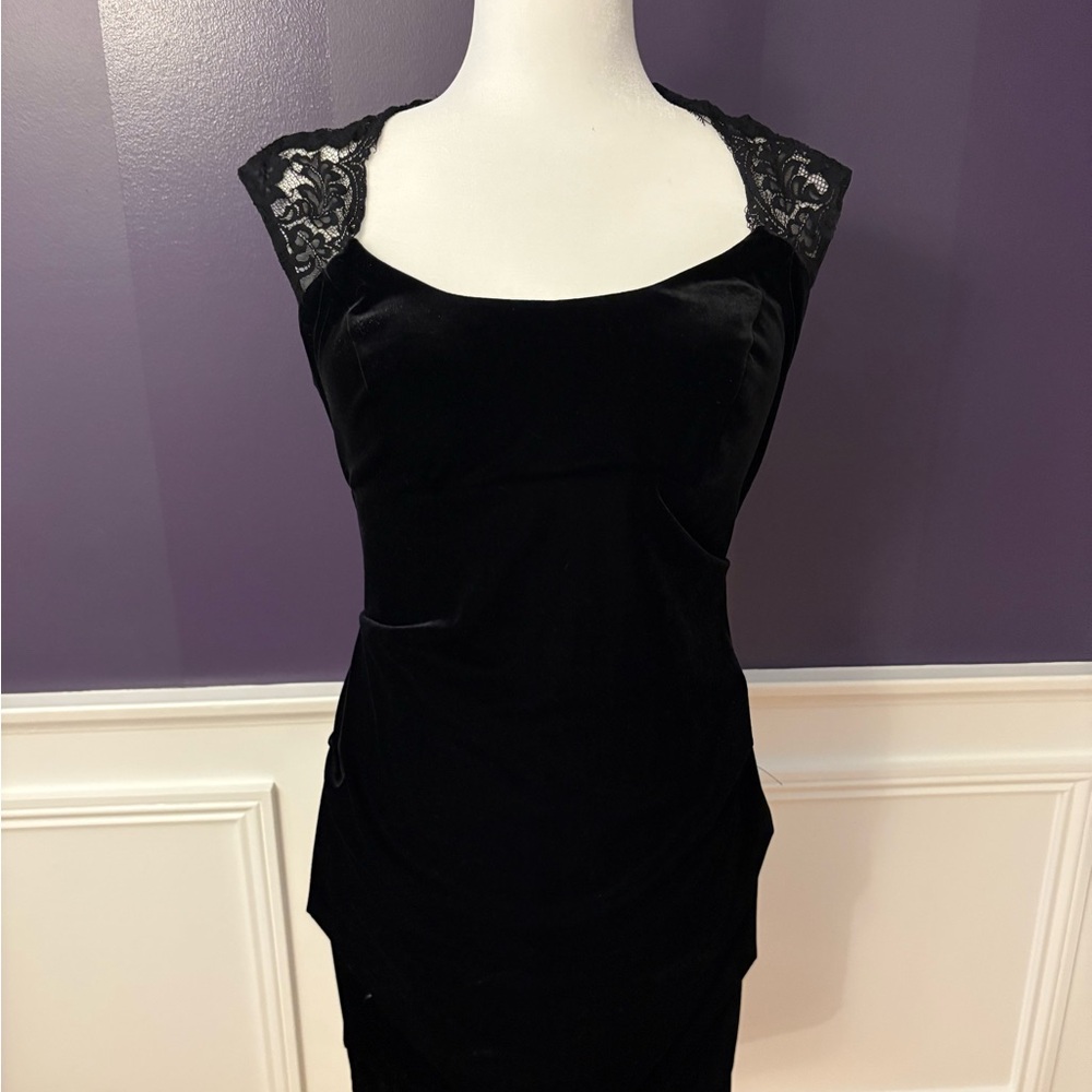 Xscape Velvet Black, open back Mini Dress with Lace Accents